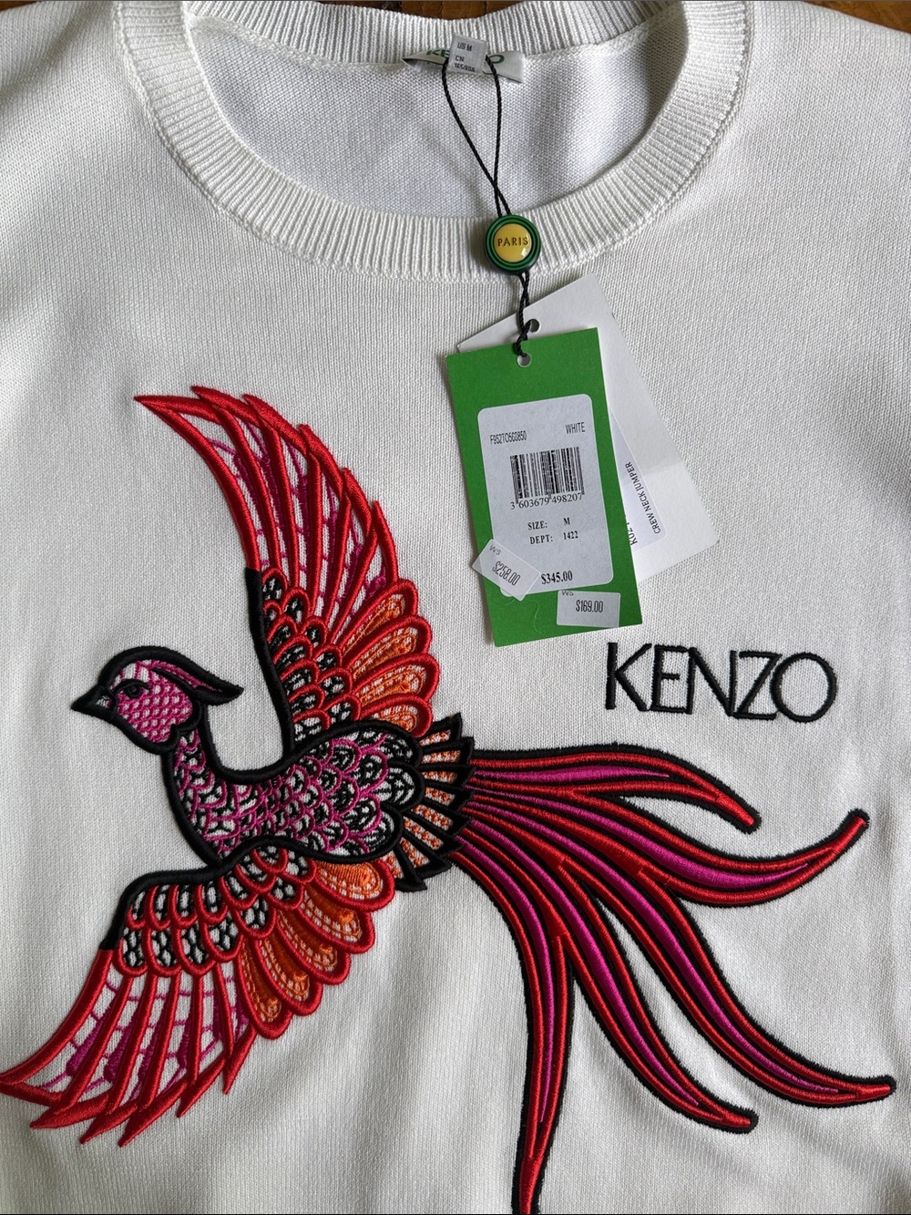 Kenzo White Crewneck Sweater with Red and Pink Embroidered Bird - Picture 2 of 3